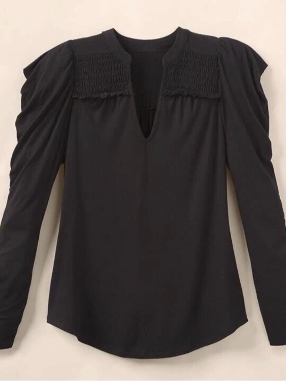 Smocked Yoke Black Long Sleeve V-Notch Top - Women